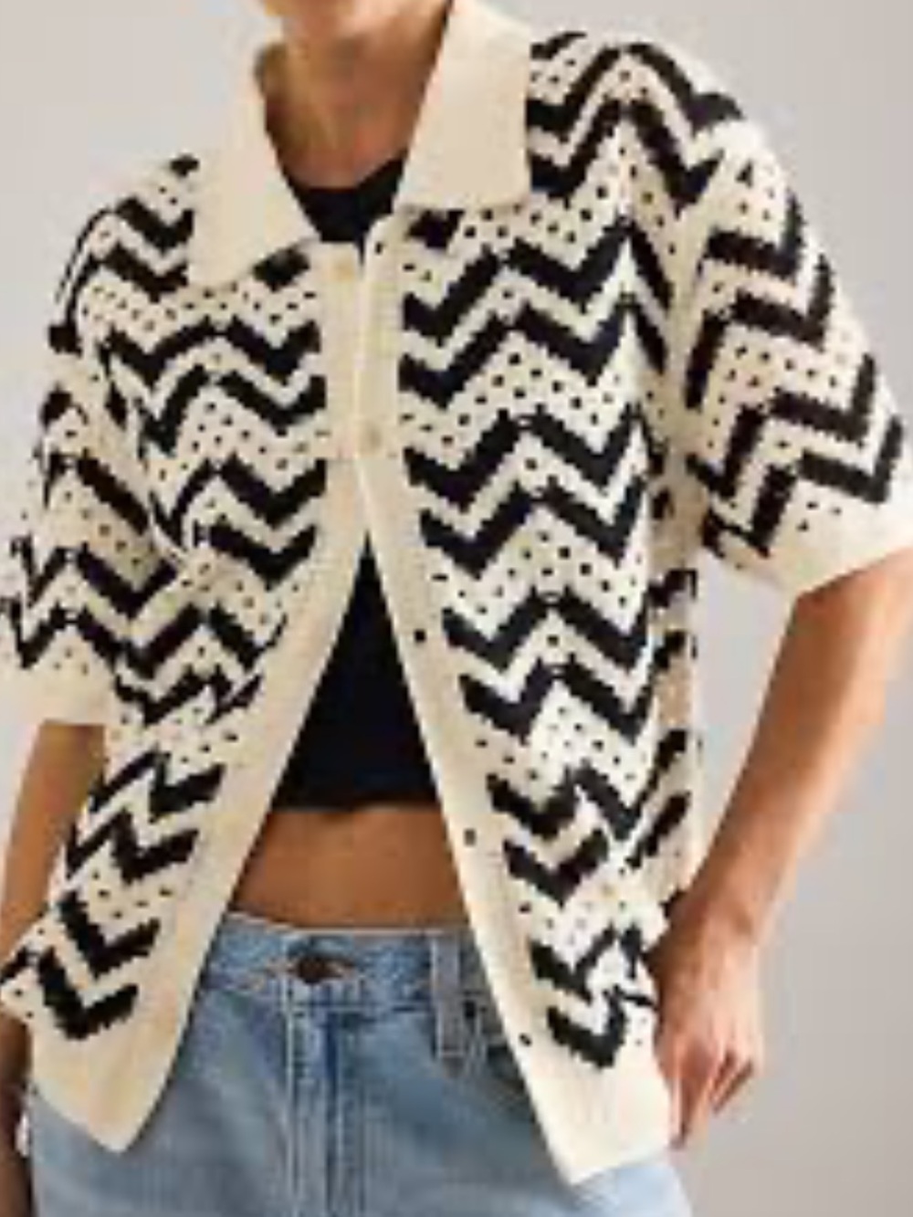 Varley Anais Crochet Polo Shirt Cardigan Sweater Zig Zag Open Knit Anthropologie